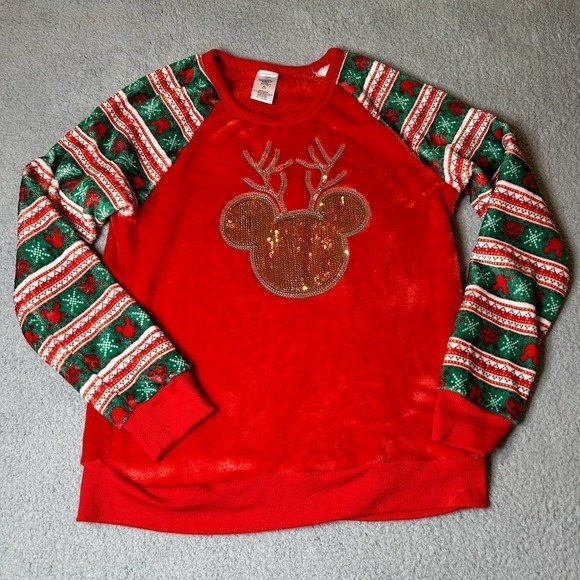 Disney Tops - Disney Sweater Juniors XL 15/17 Red Mickey‎ Mouse Christmas Reindeer Sweatshirt